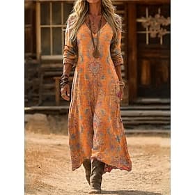 Women's Midi Dress Sundress Summer Dress Vacation Casual Boho Daily Loose Fit Graphic Paisley Color Block Long Sleeve V Neck Black White Orange Summer Spring