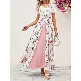 Women's Maxi long Dress Chiffon Dress Floral Dress Print Dress Elegant Fashion Modern Daily Outdoor Vacation Regular Fit Floral Short Sleeve V Neck Pink Summer