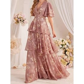 Women's Maxi Dress Chiffon Dress Casual Dress Floral Dress Elegant Fashion Modern Outdoor Vacation Going out Regular Fit Floral Short Sleeve V Neck Black Pink