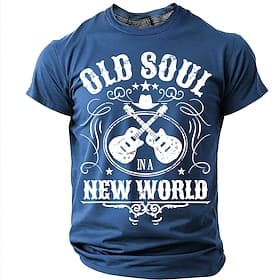 Men's Old Soul In A New World Crossed Guitars Cowboy Hat Stars Vintage Distressed Country Music Retro T Shirt Tee Graphic Regular Fit Casual Concert Gift Desig