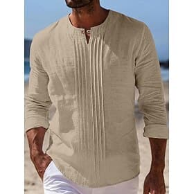 Men's Shirt Linen Shirt Summer Shirt Beach Shirt Solid Color Casual Vacation Blue Black White Khaki Long Sleeve Mandarin Collar Summer Spring Clothing Apparel thumbnail 2