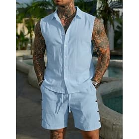 Herren Leinenhemd Zweiteilig Hemd Set Und Shorts Leinenshorts Strandshorts Set Einfach Lässig Täglich Outdoor Umlegekragen Ärmellos Sommer Mode Lässig Bequem B thumbnail 2
