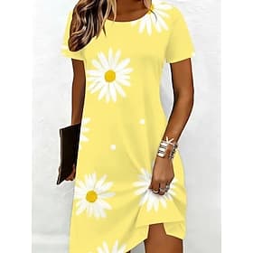 Women's Midi Dress Shift Dress T Shirt Dress Tee Dress Casual Daily Regular Fit Floral Graphic Daisy Short Sleeve Crew Neck Light Yellow Summer Spring