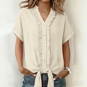 Women's Shirt Cotton Linen Shirt Blouse Buttons Plain Stylish Classic Modern Short Sleeve V Neck Regular Tops Daily Holiday Going out Blue Black White Army Gre