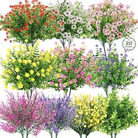 20 Bundles Realistic Artificial Flowers for Outdoors, UV Resistant No Fade Fake Flowers with Plastic Faux Shrubs Plants for Garden Patio Porch Window Box Home