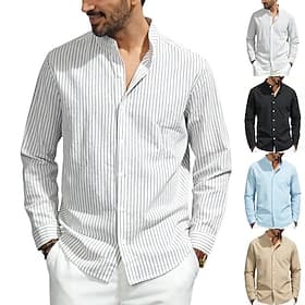Men's Shirt Linen Shirt Dress Shirt Vertical Stripes Daily Outdoor Black White khaki Light Sky Blue Long Sleeve Grandad Collar Summer Spring Clothing Apparel B