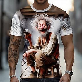 Men's Funny Crazy Old Man Holding Wine Glass Whimsical Character Novelty Humor 3D Animation Style T Shirt All Over Print Casual Short Sleeve Party Pub Wear Des