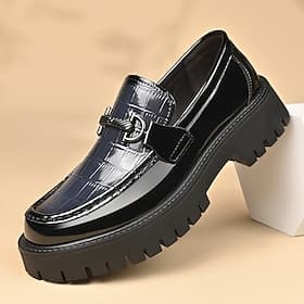 Men's Black Patent Leather-Style Penny Loafers with Chunky Lug Sole, Fashion Dress Shoes for Men, Ideal for Office, Parties, Smart Casual Outfits and Formal Oc