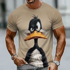 Funny Cartoon Duck Surprised Face Men's 3D Animation Style Graphic T Shirt Crew Neck Short Sleeve Tan Beige Casual Streetwear Gift for Duck Lovers Designer Clo