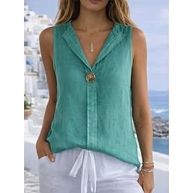 Women's Cotton Linen Shirt T Shirt Tee Top Buttons Plain Fashion Stylish Classic Sleeveless Shirt Collar Regular Tops Daily Going out Weekend White Navy Blue G
