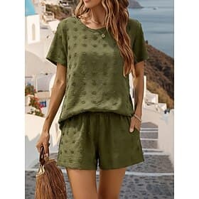 Women's Textured Shorts Sets Short Sleeve Round Neck Solid Color Fashion Streetwear Casual Daily Outdoor Blue Black Camel Summer Loose Fit