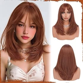 Long Straight Layered Wig Copper Wigs with Bangs 16 Inch Natural Looking Soft Heat Resistant Synthetic Medium Length Hair Auburn Brown Wigs for Women Daily Par
