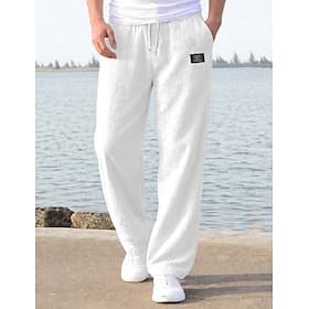 Voor heren Linnen broek Broek Zomerbroek Wijde broek Strandbroeken Trekkoord Elastische taille Recht been Effen Comfort Ademend Volledige lengte Casual Dagelij thumbnail 4