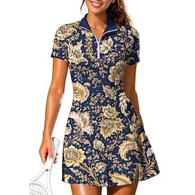 Women's Paisley Floral Bohemian Tennis Dress Sports Dress Short Sleeve Print Breathable Volleyball Tennis Golf Collar Polo Collar Dress Dark Navy Tennis Clothi