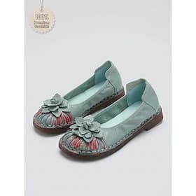 Women's Light Green Premium Leather Flats – Wide Fit Comfort Slip-On Shoes with Handcrafted Floral Detail for Country Life, Garden and Everyday Wear