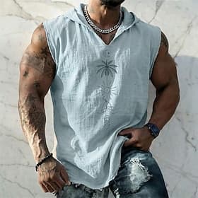 Men's Geometric Nautical Palm Tree Sun Sailboat Boho Coastal Sleeveless Hooded Vest Graphic Cotton Linen Frayed Raw Hem Loose Fit Beach Summer Vacation Designe