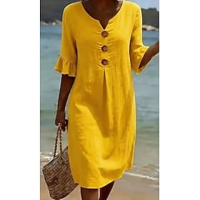 Mulheres Vestido midi Vestidos com toque de linho Vestido de verão Básico Clássico Diário Férias Normal Tecido Meia Manga Gola Redonda Azul Preto Branco Amarel