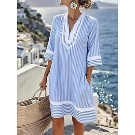 Women's Mini Dress Striped Dress Summer Dress Basic Classic Daily Vacation Loose Fit Striped Half Sleeve V Neck Blue Summer Spring