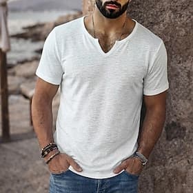 Per uomo Maglietta Camicia a Maniche Corte Maglietta in lino Manica Corta Scollo a V Estate Primavera Tinta unica Semplice Striscia di Fossa Streetwear Elegant thumbnail 2