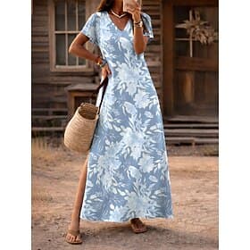 Women's Maxi Dress A Line Dress Casual Beach Regular Fit Floral Graphic Short Sleeve V Neck Blue Purple Green Summer Spring