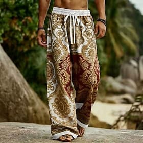Men's Paisley Floral Print Ethnic Trousers Casual Pants Baggy Pants Mid Waist Boho Vintage Retro Home Outdoor Vacation Elastic Drawstring Waist Linen-Like Pant