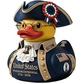 1776-2026 USA 250th Anniversary Rubber Duck, Benjamin Franklin Inspired Patriotic Souvenir, Liberty Bell and 13-Star Flag Americana History Gift