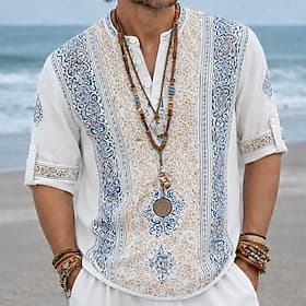 Herren Ethnisch Komplizierte Blumen Hemd Knopfhemd Henley Hemd Langarm Vintage-Retro Lässig Urlaub Hochzeit Sommer Frühling Mandarinkragen Stehkragen 3D-Druck