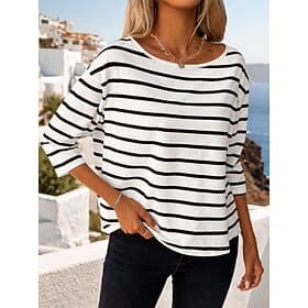 Femmes Chemisier Hauts en dentelle Rayé Couleur Unie Élégant Basique Classique Manche Courte Col ras du cou Hauts Longs Occasionnel Quotidien Noir et blanc bla