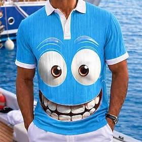 Men's 3D Cartoon Hawaiian Polo Shirts Short Sleeve Polo Shirts Collared Shirts Casual Athleisure Daily Wear Vacation Wear 3D Print Buttons Spring  Summer Blue
