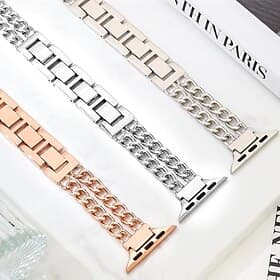 Jewelry Bracelet Compatible with Apple Watch band 38mm 40mm 41mm 42mm 44mm 45mm 46mm 49mm Glitter Double Chain Luxury Alloy Strap Replacement Wristband for iwa