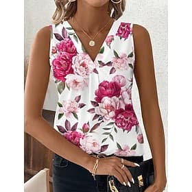 Women's Tank Top Floral Graphic Plants Elegant Vintage Stylish Sleeveless V Neck Regular Tops Daily Red Purple Khaki Summer Spring