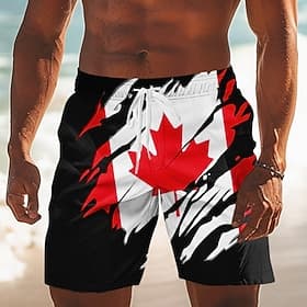 Men's Canada Soccer Flag / National flag Swim Trunks Bathing Suits Swim Shorts Board Shorts Mid Waist Patriotic Holiday Side Pockets Mesh Lining Elastic Drawst