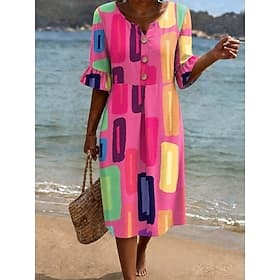 Women's Midi Dress Sundress Casual Dress A Line Dress Elegant Vacation Stylish Beach Holiday Loose Fit Graphic Geometric Short Sleeve V Neck Blue Pink Purple G