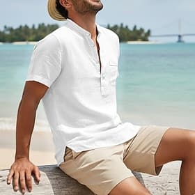 Men's Linen Shirt Summer Shirt Beach Wear Casual Shirt Band Collar Shirt Solid Color Casual Daily Black White Light Green Blue Short Sleeve Henley Summer Sprin