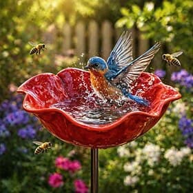 Handmade Metal Flower Garden Stake with Bird Bath pollinator Water Station, Bee Bath for Garden Metal Bee Water Feeder with Flower Design for Outdoor Yard Dec