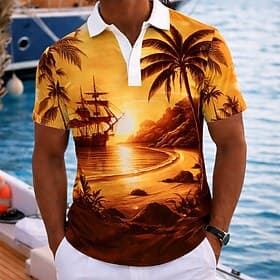 Men's Palm Tree Hawaiian Polo Shirts Short Sleeve Polo Shirts Lapel Casual Athleisure Daily Wear Vacation Wear 3D Print Buttons Breathable Mesh Spring  Summer