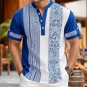 Men's Geometric Ethnic Intricate Floral Shirt Button Down Shirt Henley Shirt Short Sleeve Vintage Retro Holiday Casual Daily Summer Spring Standing Collar Henl thumbnail 2