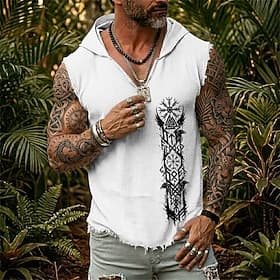 Gilet sans manches à capuche pour homme, style bohème, imprimé runes nordiques, corbeau, guerrier viking, en coton et lin, ourlet brut effiloché, coupe ample,
