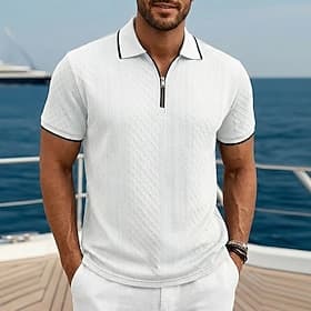 Herren Reißverschluss-Polo Textur Lässig Ferien Revers Viertelreißverschluss Kurzarm Mode Basic Einfach Jacquard Viertel Postleitzahl Frühling  Sommer Sommer F