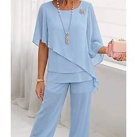 Women's Two Piece Sets Chiffon Short Sleeve Butterfly Sleeve Square Neck Solid Color Plain Layered Elegant Formal Wedding Guest Casual Daily Blue Sky Blue Summ