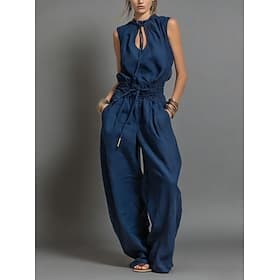 Women's Linen-feel Jumpsuit Elegant Sleeveless Wide Leg Crew Neck Daily Beach Loose Fit Blue Black Light Brown Summer