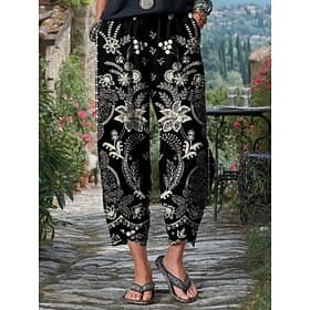Women's Cotton Blend Faux Cotton Linen Chinos Slacks Vacation Basic Casual / Sporty Ankle-Length Mid Waist Floral Graphic Pocket Baggy Print Comfort Inelastic