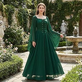 Medieval Renaissance Fancy Ankle Length Dress Long Sleeves Fairy Corset Solid Color Fancy Dress Women's Fantasy Halloween Carnival Masquerade Renaissance Fair