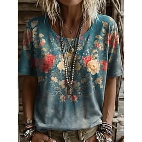 Women's T Shirt Print Floral Graphic Plants Fashion Classic Casual Short Sleeve Crew Neck Regular Tops Casual Daily Weekend White Green Summer Spring