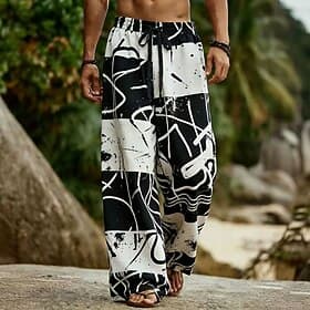 Herren Geometrisch Farbblock Abstrakte Kunst Hose Freizeithose Baggy-Hosen Mittlere Taille Boho Heim Outdoor Urlaub Elastischer Kordelzug in der Taille Leinenä