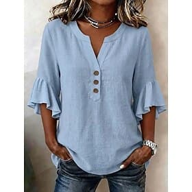 Femmes Chemises effet lin Chemisier Chemise en coton A Volants Boutons Couleur Unie Quotidien Élégant Basique Manche 3/4 Col en V Hauts Réguliers Quotidien Ble