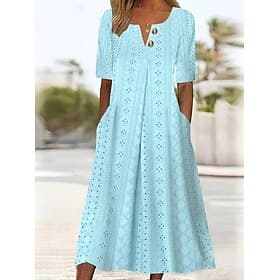 Women's Midi Dress Summer Dress Eyelet Dress Fashion Modern Beach Vacation Holiday Loose Fit Plain Half Sleeve V Neck Blue Summer Spring