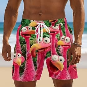 Men's Flamingo Bird Cartoon Animals Swim Trunks Bathing Suits Swim Shorts Board Shorts Mid Waist Hawaiian Funny Beach Vacation Wear Side Pockets Mesh Lining El