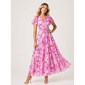 Women's Chiffon Floral Midi Dress Short Sleeve V Neck Summer Cocktail Tea Party Vacation Dress