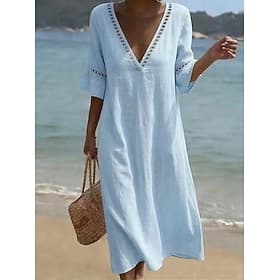 Women's Midi Dress Linen-feel Dresses Summer Dress Basic Classic Daily Vacation Loose Fit Plain Half Sleeve V Neck Blue White Light Green Apricot Summer Spring